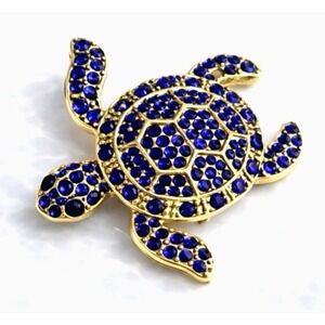 Royal Blue Rhinestone Sea Turtle Brooch with Gold Tone Metal Accent Pin 1.5"